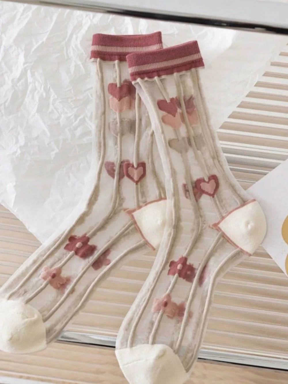 Boho Colorful Floral Heart Semi Sheer Socks Set - 4 random pairs